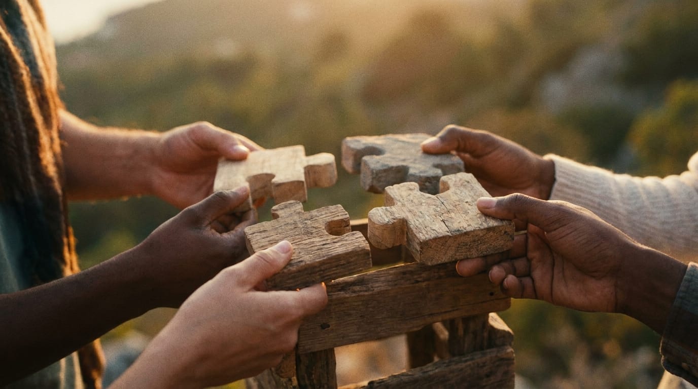 ידיים של חברי צוות מרכיבות פאזל במהלך סדנת ODT